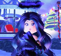 an animated image of a woman with long black hair and blue eyes, standing in the snow