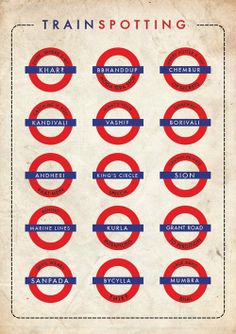 an old poster with the names and numbers of trainspotting in blue, red and white