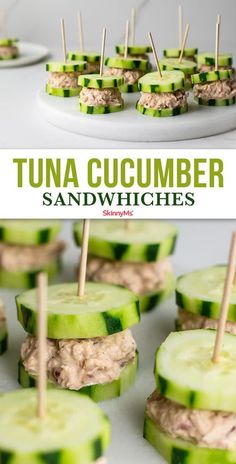 cucumber sandwiches with pickles and toothpicks on them