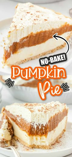 no bake pumpkin pie on a white plate with the words, no bake pumpkin pie