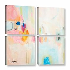 three abstract paintings with different colors and shapes on canvases, one is pink, the other is blue