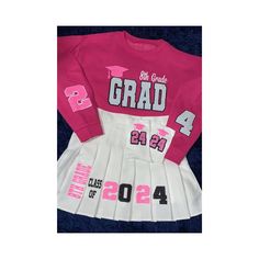 Turn around time is about 2.5-4 Weeks at the moment. Please message about rush fee if needed any sooner!!  Our Best Selling Senior Skirt Set! Can be made to match your school colors 📚 Available in all sizes for your... ✨Pre-K/Kinder/8th grad graduate! 🖍 ✨Senior graduate! ✒️ ✨Birthdays 🎂 Please message with all details!  Design ( 8th Grade Grad or 8th Grade Barbie)(feel free to screenshot design) Skirt Size & Color Sweatshirt Size & Color School full name (for color reference) School Colors  S White Cotton Cheerleading Sets, Pink Crew Neck Sets With Letter Print, White Cotton School Spirit Sets, First Day Of 8th Grade Outfits, Senior Skirt Set, Outfit Middle School, Middle School Dance Outfits, Senior Skirt, School Dance Outfits