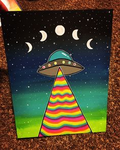 a painting of an alien ship with the moon in the sky and stars above it