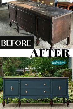 before and after photos of an old dresser turned into a sideboard with paint on it