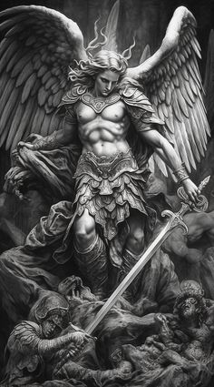 Demon Warrior Tattoo, Fallen Warrior Tattoo, Ark Angels Michael Tattoo, Raphael Angel Tattoo, Arch Angel Michael Tattoo Design, St Gabriel Tattoo, Angel Raphael Tattoo, Gabriel Angel Tattoo