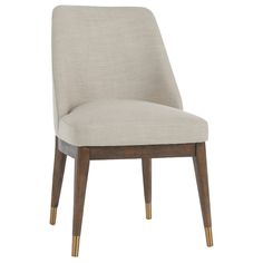 an upholstered chair with wooden legs and a light colored fabric seat padding