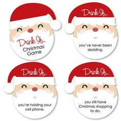 four christmas stickers with santa's face and words on the front, one says drunk