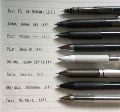 five pens are lined up on top of a piece of paper with the names of each pen