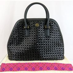 Robinson Black Basket Woven Leather Logo Satchel Tote Handbag By Tory Burch 100% Authentic, Guaranteed!!! Color: Black / 002 (Print On The Tag) Style: 11149836 Braided Leather Upper Saffiano Leather Bottom And Handles Metal Gold Tone Reva Logo At Front Open Top Double Top Handles Logo Fabric And Leather Lined 1 Interior Zip And 2 Large Compartments Zip And Open Pockets Inside Gold Logo Plate Inside Gold Tone Bottom Feet 15"L X 6" W X 10.5"H Up To 5.25" Handles Drop Size: Os (Print On The Tag) Ms Designer Evening Satchel With Leather Handles, Designer Black Satchel For Evening, Black Basket, Basket Woven, Tory Burch Robinson, Satchel Tote, Tory Burch Bag, Tote Handbag, Leather Logo