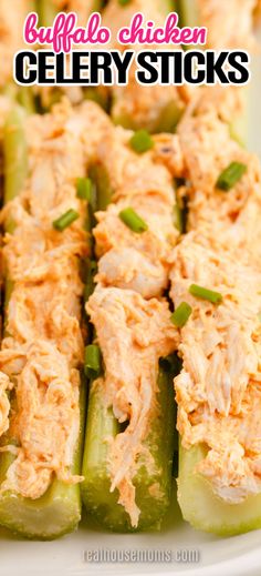 chicken celery sticks on a white plate with text overlay that reads buffalo chicken celery sticks