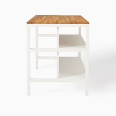 a white table with a wooden top and shelf on the bottom, against a white background