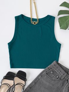 Teal Blue Casual   Polyester Plain Tank Embellished High Stretch Summer Women Tops, Blouses & Tee Teal Top Outfit Summer, Sleeveless Tshirt Outfit Women, Teal Tank Top Outfit, Turquoise Tank Top, Teal Top Outfit, Teal Outfit, Teal Outfits, Cute Outfits With Shorts, Teal Fashion