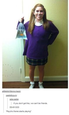 a woman in purple shirt and plaid skirt holding up a plastic bag