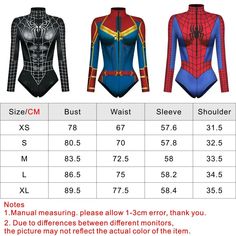 the size chart for spider man and woman's bodysuits