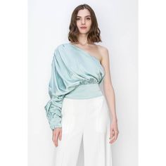 Satin One Shoulder Shirring Blouse Top - Side zipper closure. Elegant Green One-shoulder Top, Green One-shoulder Blouse For Spring, One-shoulder Green Blouse For Spring, Green One-shoulder Blouse, Spring Evening One-shoulder Blouse, Hello Darling, Maxi Romper, Crop Top Sweatshirt, Sneaker Jewelry