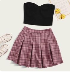 Pink Plaid Skirt, Crop Tube Top, Plaid Pleated Skirt, Shein Outfits, Tween Outfits, Cropped Tube Top, Plaid Skirt, Girls Fashion Clothes, Teenage Fashion Outfits