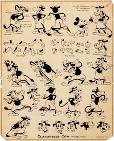 an old cartoon character sheet from the 1950's, depicting various poses and expressions