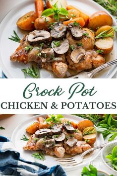 chicken and potatoes on a white plate with text overlay