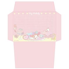 a pink box with hello kitty and other items on the inside, in front of it