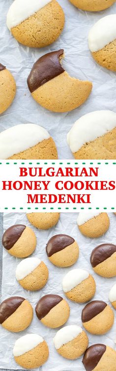 there are many cookies with white and brown frosting on them, along with the words hungarian honey cookies medenki