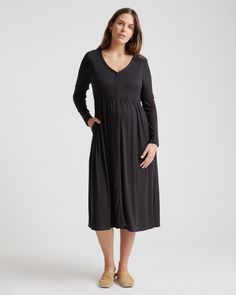 Tencel Rib Maternity & Nursing Button Front Dress Nursing And Pumping, Ruched Waist Dress, Scoop Neck Midi Dress, Jersey Wrap Dress, Navy Blue Midi Dress, Pregnancy Stages, Button Front Dress, Nursing Dress, Silk Slip Dress