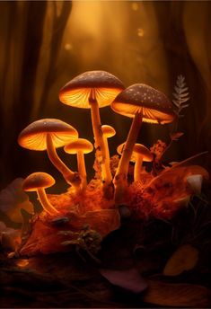 some mushrooms are growing on the ground in the dark forest with bright light coming from behind them