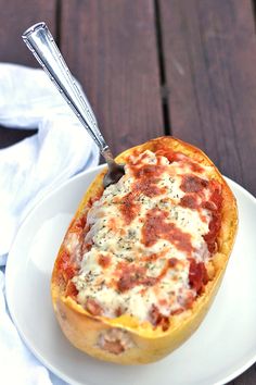 spaghetti squash lasagna bowls on a white plate