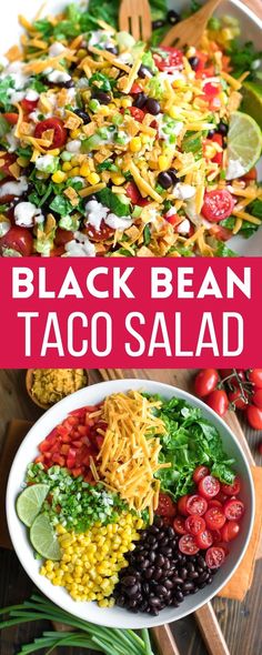 photo collage of black bean taco salad Black Bean Taco Salad, Bean Taco Salad, Creamy Salsa Dressing, Salsa Dressing, Creamy Salsa, Black Bean Tacos, Taco Salads, Taco Salad Recipes, Vegetarian Tacos