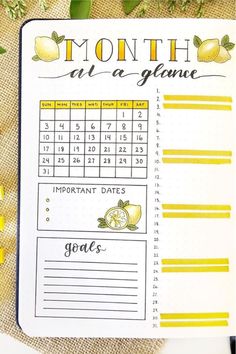 a planner with lemons on it and the month at a glance written in black ink