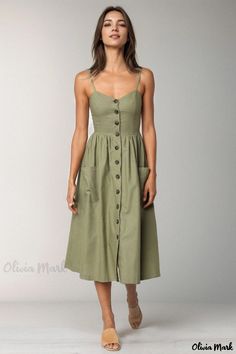 Olivia Mark - Sleeveless Dress with Single Breasted Button Design Maxi Dress Evening, Midi Dress Sleeveless, Strap Dress, Types Of Skirts, Spaghetti Strap Dresses, Floral Maxi Dress, Flare Skirt, Army Green, Evening Gowns