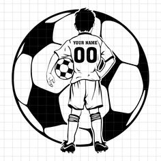 a black and white silhouette of a soccer player standing in front of a soccer ball