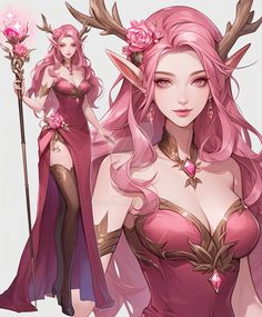 an anime character with pink hair and antlers on her head, holding a staff