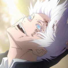 an anime character with white hair and blue eyes looking up at something in the sky