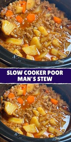 two pictures of slow cooker meals with meat and potatoes