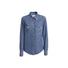 Valentino Garavani "Camica" button-front denim shirt features gold-tone "V" logo emblems at front  Point collar Long sleeves; button cuffs  Front patch pockets  Back yoke Curved hem  Hip length  Relaxed fit Cotton Made in Italy Classic Denim Blue Tops With Button Cuffs, Designer Button-up Shirt With Pockets, V Logo, Emblem Logo, Button Front Shirt, Pocket Detail, Hip Length, Denim Shirt, Valentino Garavani