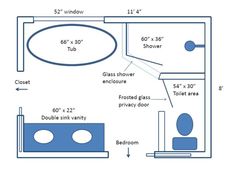 a bathroom floor plan with measurements for the shower and toilet area, including two sinks