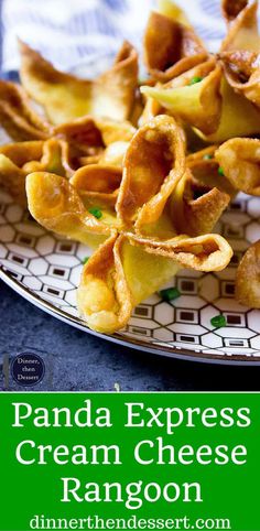 some food is sitting on a plate with the words panda express cream cheese rangoon