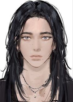 a drawing of a man with long black hair and green eyes, wearing a necklace