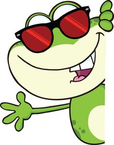 a cartoon frog wearing sunglasses and pointing to the side