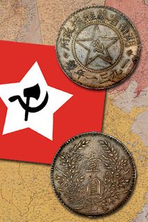 three different types of coins on top of a red and white map with the communist symbol