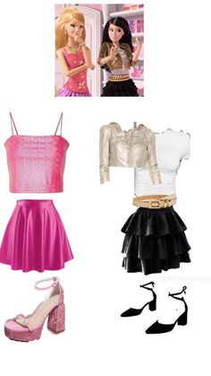 barbie doll clothes and shoes are shown in this image, including a pink top, black skirt