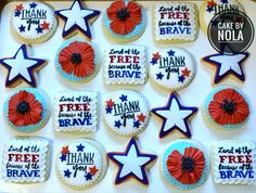 decorated cookies with red, white and blue icing are on a tray that says thank you for the brave