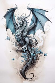 a drawing of a blue dragon sitting on top of a flowery branch in the air