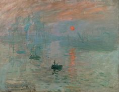 a painting with boats on the water and red sun in the sky above it,