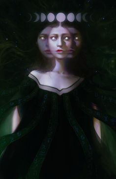 a painting of a woman in a black dress with green and white circles on her head