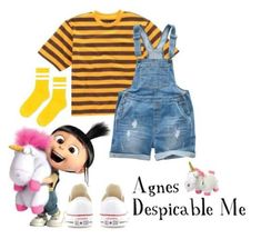 an assortment of children's clothing and shoes with the words agnes despicable me