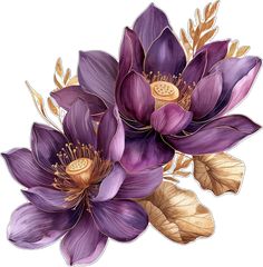 two purple flowers with gold leaves on a white background