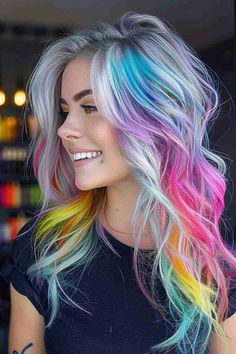 Pastel Roots Blonde Hair, Colored Hair And Eyebrows, Black With Rainbow Hair, Rainbow Hair Placement, Rainbow And Blonde Hair, Rainbow Highlights In Brown Hair, New Hair Color Ideas For Blondes, Blonde Hair With Pop Of Color, Blonde Hair With Color