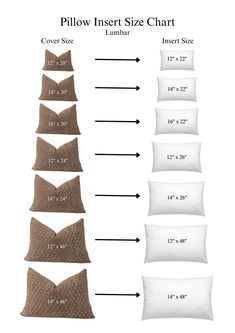 the pillow insert size chart is shown with different sizes and colors for each pillow cover