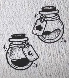 an ink drawing of two glass jars with stars on the top and one jar filled with liquid